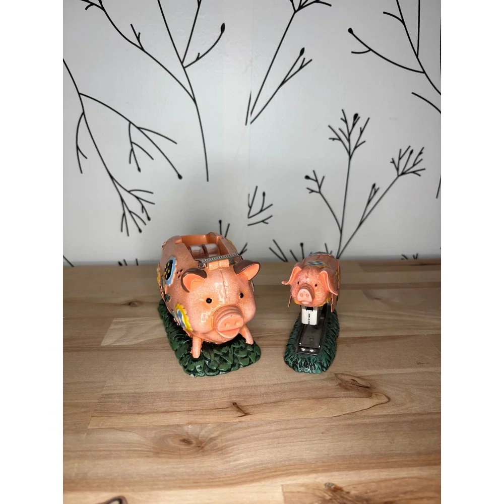 Vintage Style Pig Tape Dispenser and Stapler Set Floral Desk Accessories Pink